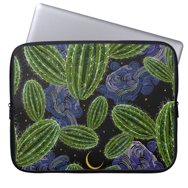 Mexican Embroidery: Cactus Night Seamless. Laptop Sleeve (Front)