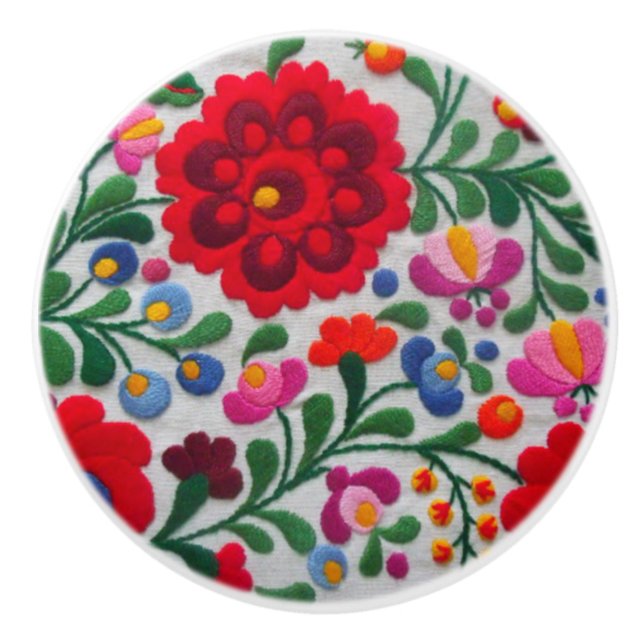 Mexican Embroidery Floral Red Bold Colours Coco Ceramic Knob (Front)