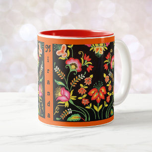 Mexican Embroidery Floral YOUR NAME Coffee Cup Red