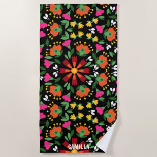 Mexican Embroidery Pattern on Black  Beach Towel