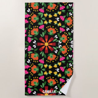 Mexican Embroidery Pattern on Black Beach Towel