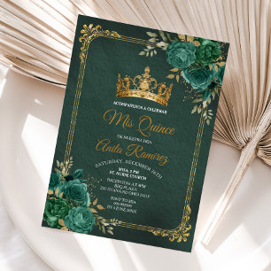 Mexican Emerald Green Floral & Gold Mis Quince Invitation