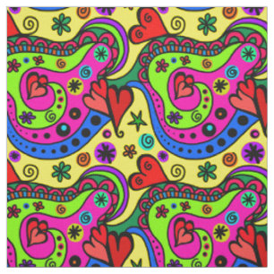 Mexican ethnic hearts abstract pattern red yellow fabric