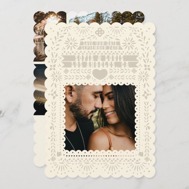 Mexican Fantail Doves Papel Picado Collage Invitation (Front/Back)