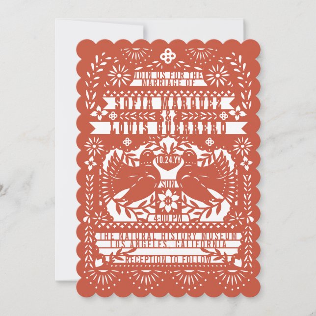 Mexican Fantail Doves Papel Picado Wedding Custom Invitation (Front)