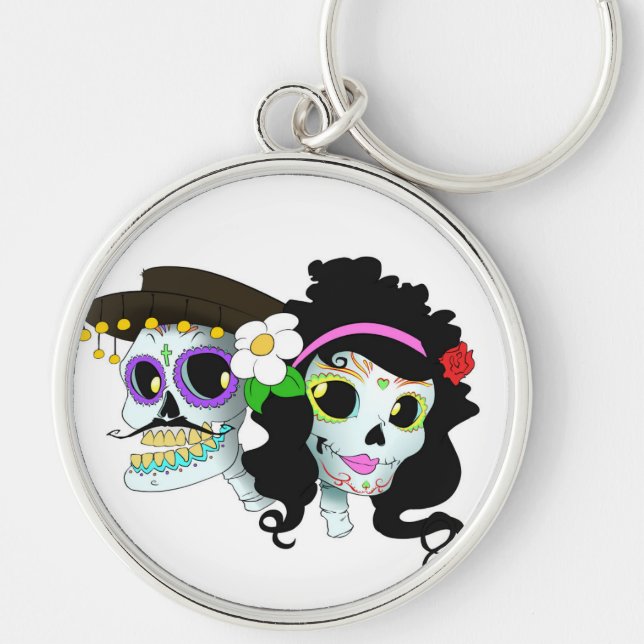 Mexican Festive Skull Couple Key Ring (Front)