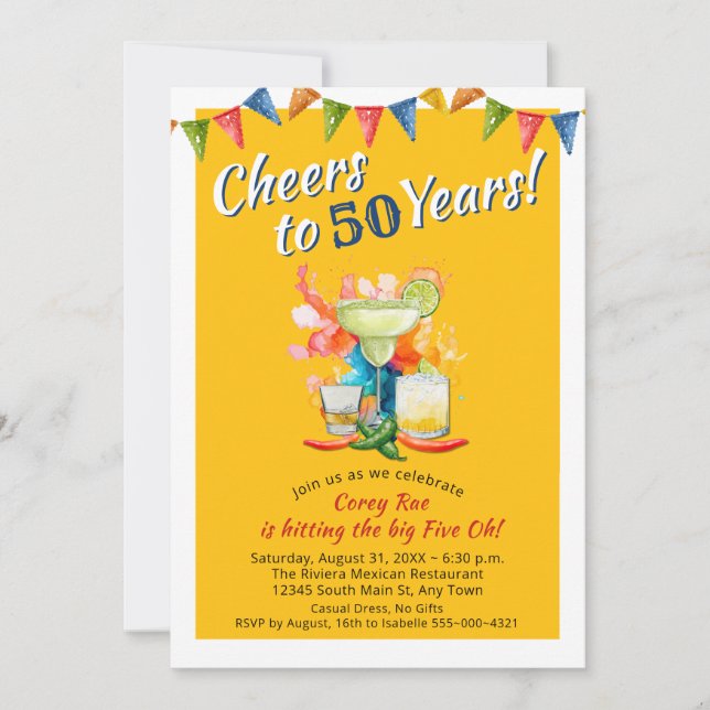 Mexican Fiesta 50th Birthday Cheers to 50 Years Invitation (Front)