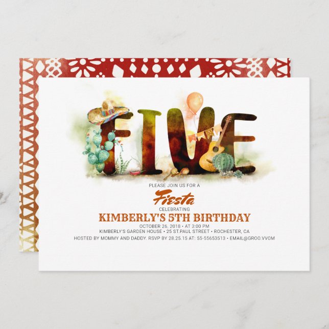 Mexican Fiesta 5th Birthday Party Invitation (Front/Back)