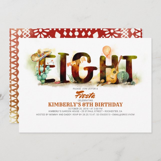 Mexican Fiesta 8th Birthday Party Invitation (Front/Back)