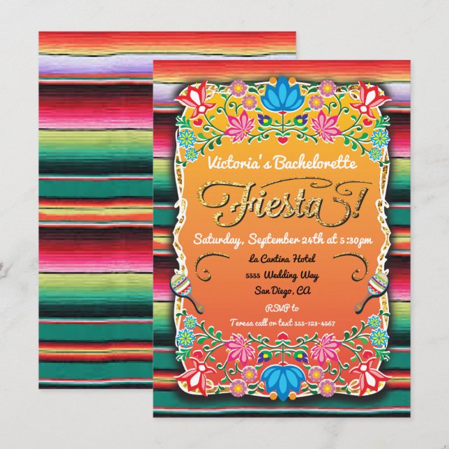 Mexican Fiesta Bachelorette Party Gold Glitter Invitation (Front/Back)