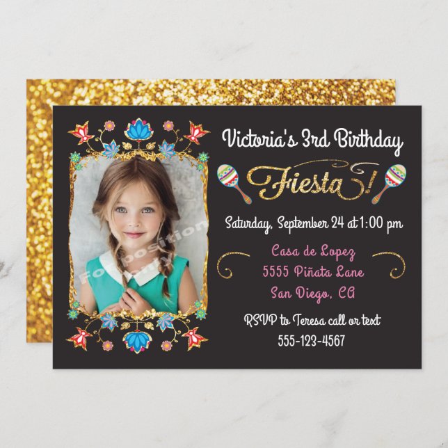 Mexican Fiesta Birthday Party Gold Glitter Photo Invitation (Front/Back)
