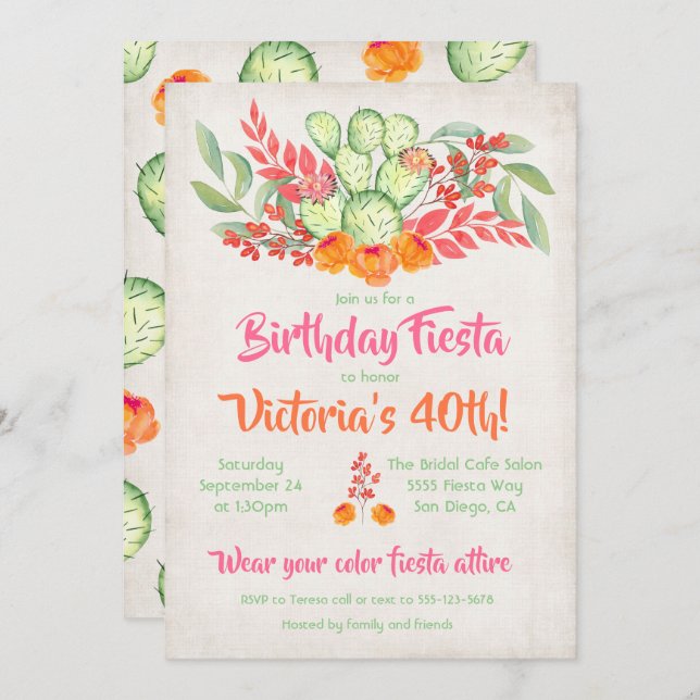 Mexican Fiesta Birthday Party Watercolor Cactus Invitation (Front/Back)