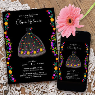 Mexican Fiesta Black Charro Dress Quinceanera Invitation