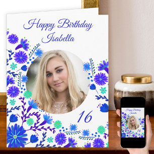 Mexican Fiesta Blue Purple Floral Photo Birthday Card