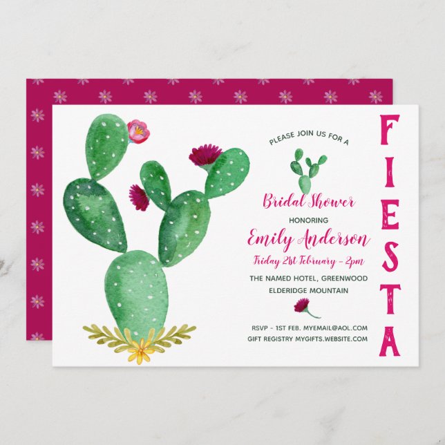 Mexican Fiesta Bridal Shower Cacti Pink Invitation (Front/Back)