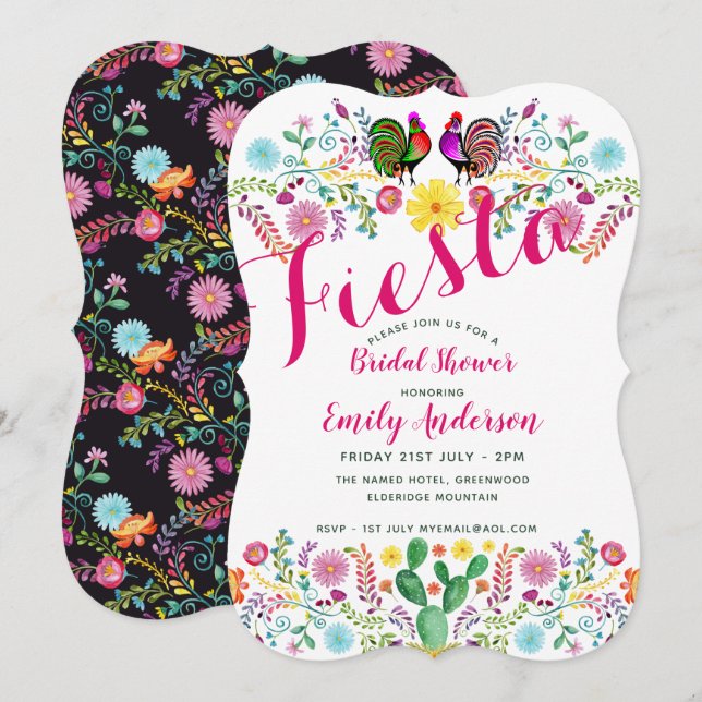 Mexican Fiesta Bridal Shower Roosters Folk Flowers Invitation (Front/Back)