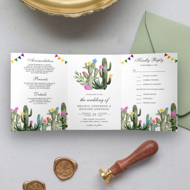 Mexican Fiesta Cactus Floral All in One Wedding Tri-Fold Invitation (Creator Uploaded)