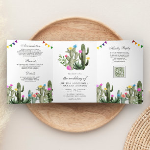 Mexican Fiesta Cactus Floral QR Code Wedding Tri-Fold Invitation