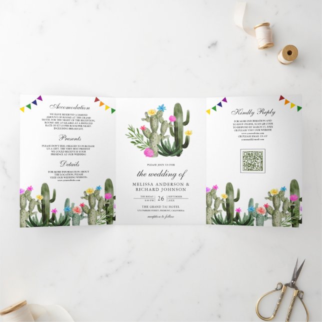 Mexican Fiesta Cactus Floral QR Code Wedding Tri-Fold Invitation (Inside)