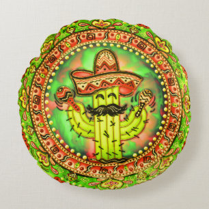 Mexican Fiesta Cinco de Mayo Sombrero Hat Green Round Cushion