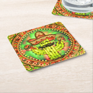 Mexican Fiesta Cinco de Mayo Sombrero Hat Green Square Paper Coaster
