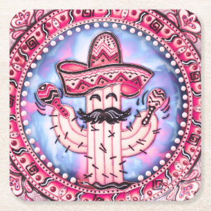 Mexican Fiesta Cinco de Mayo Sombrero Pink Blue Square Paper Coaster