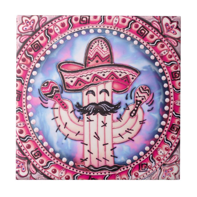 Mexican Fiesta Cinco de Mayo Sombrero Pink Blue Tile (Front)
