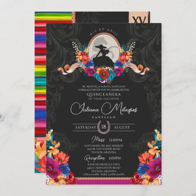 Mexican Fiesta Colourful Floral Charro Quinceanera Invitation (Front/Back)