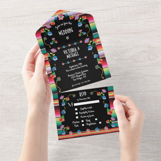 Mexican Fiesta Embroidery Floral Wedding All In One Invitation (Tearaway)