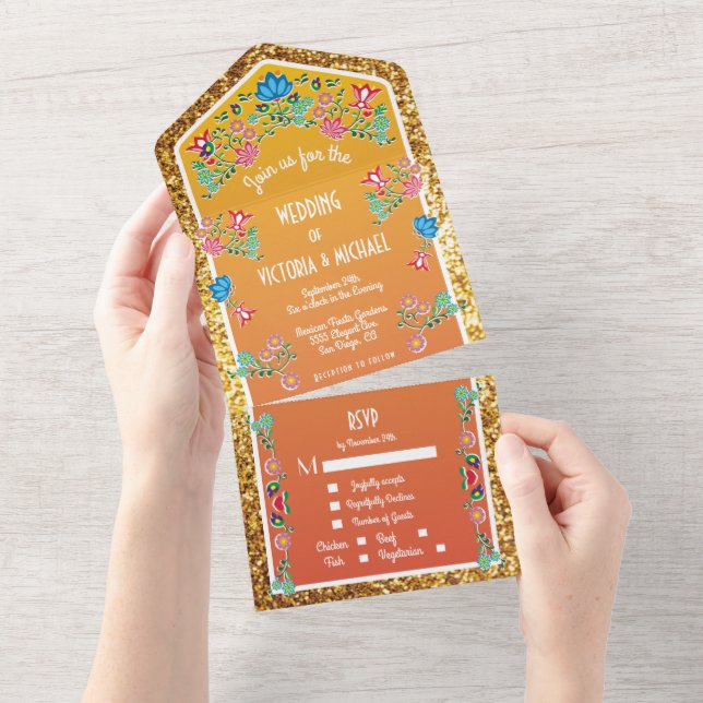 Mexican Fiesta Faux Gold Glitter Floral Wedding All In One Invitation (Tearaway)
