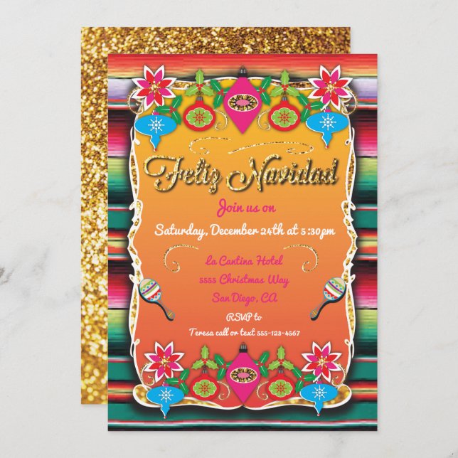 Mexican Fiesta Feliz Navidad Party Gold Glitter Invitation (Front/Back)