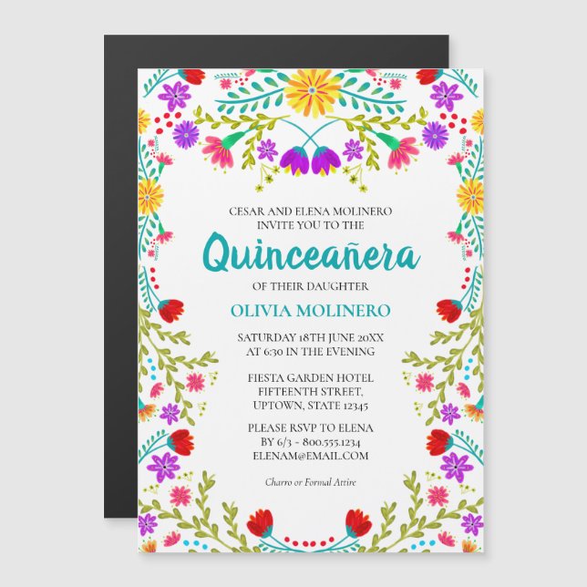 Mexican Fiesta Floral 15th Birthday Quinceanera Magnetic Invitation (Front/Back)