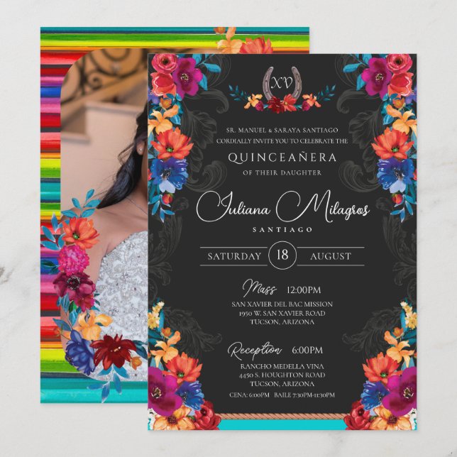Mexican Fiesta Floral Add Your Photo Quinceanera Invitation (Front/Back)
