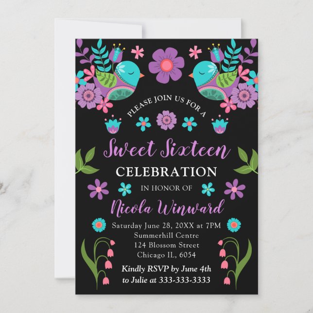 Mexican Fiesta Floral and Black Sweet Sixteen Invitation (Front)
