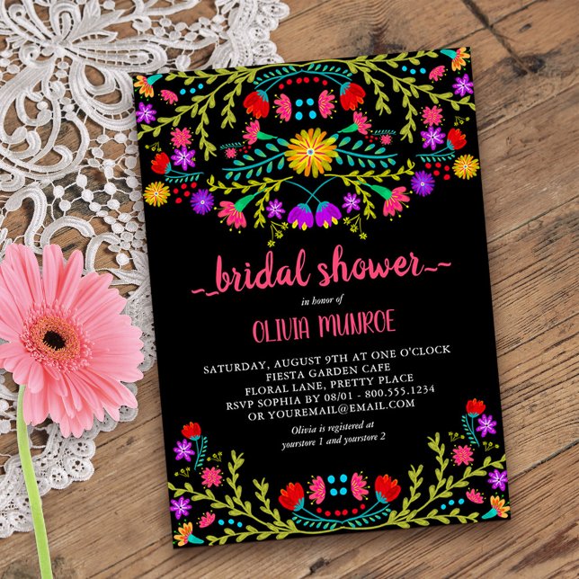 Mexican Fiesta Floral Black Colourful Bridal Showe Invitation (Bridal Shower invitation from my Mexican Fiesta Floral collection)