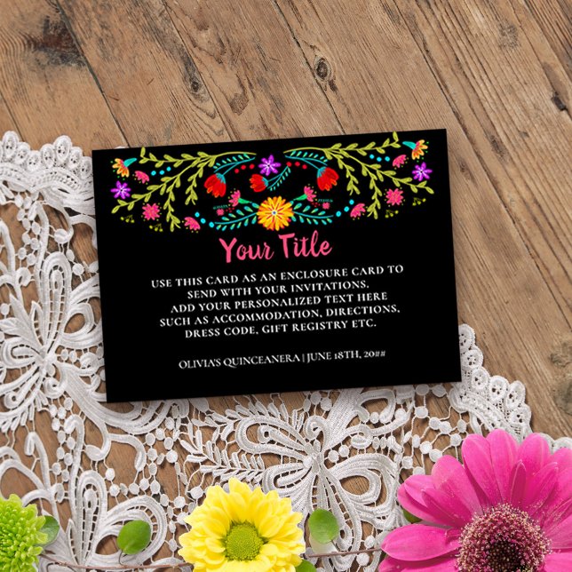 Mexican Fiesta Floral Black Custom Enclosure (Custom reception card for quinceanera or other special event from Mexican Fiesta Floral collection)
