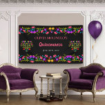 Mexican Fiesta Floral Black Quinceanera Birthday Banner<br><div class="desc">Colourful and Pretty, black Quinceañera Banner which you can personalise for your quinceanera birthday party. This vibrant Mexican Fiesta theme has beautiful borders of Folk Art flowers. This party banner has a fresh and cheerful colour palette of pink, purple, blue green and yellow, whilst the handwritten lettering has a carefree,...</div>