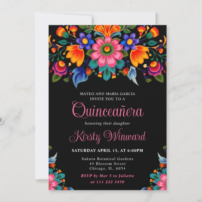 Mexican Fiesta Floral Black Quinceanera Invitation (Front)