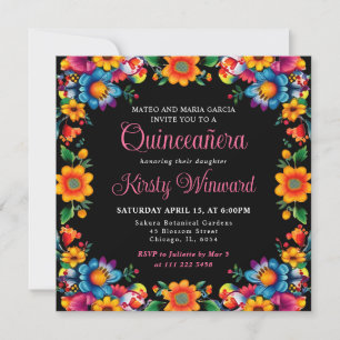 Mexican Fiesta Floral Black Quinceanera Invitation