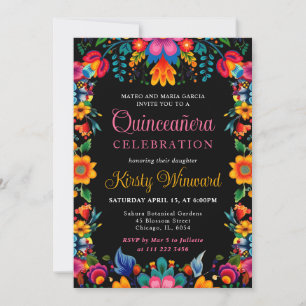 Mexican Fiesta Floral Black Quinceanera Invitation