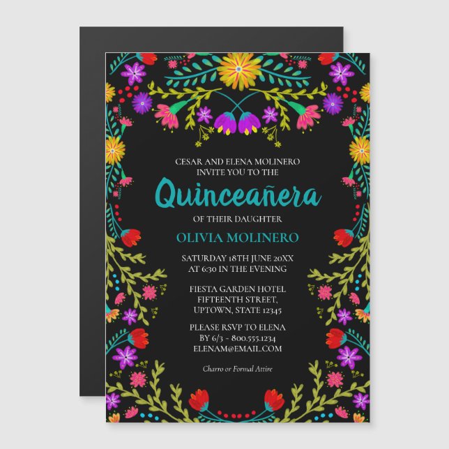 Mexican Fiesta Floral Black Quinceanera Party Magnetic Invitation (Front/Back)