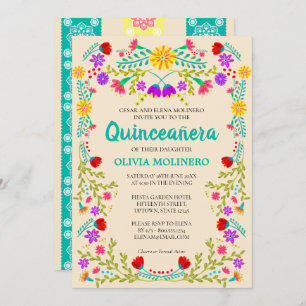 Mexican Fiesta Floral Champagne Quinceanera Invitation