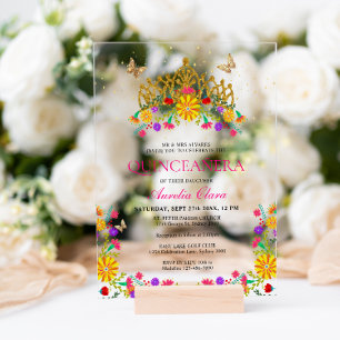 Mexican Fiesta Floral Gold Tiara Quinceanera Acrylic Invitations