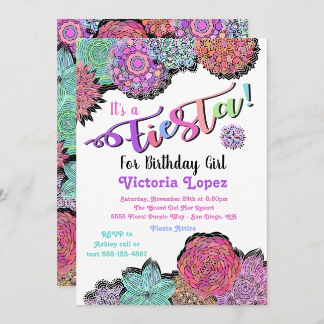 Mexican Fiesta Floral Mandala Birthday Party Invitation (Front/Back)