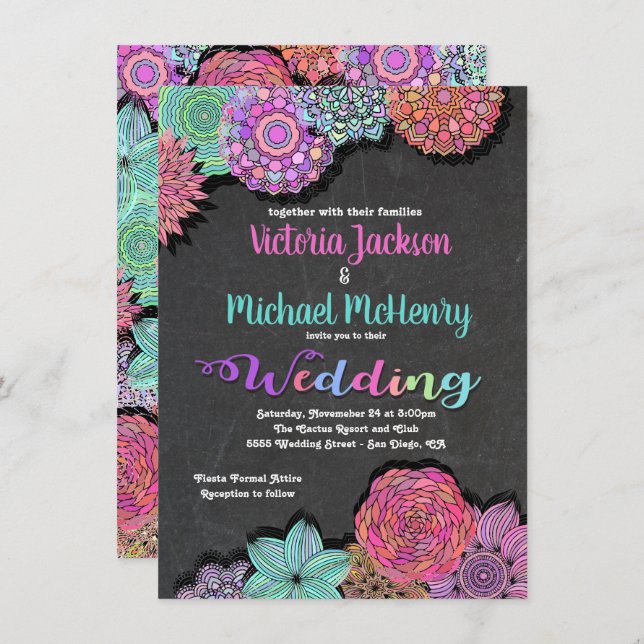 Mexican Fiesta Floral Mandala Wedding Invitations (Front/Back)