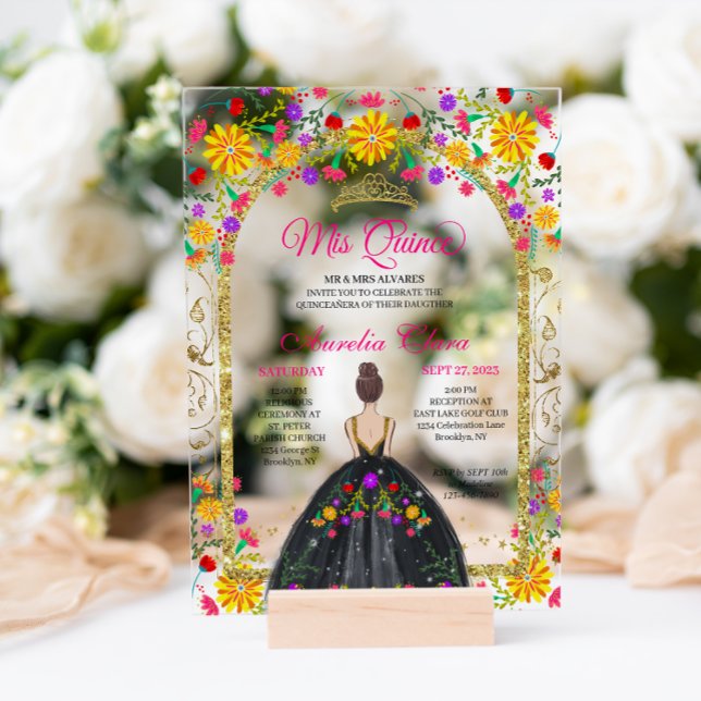 Mexican Fiesta Floral Princess Gold Quinceanera Acrylic Invitations (Creator Uploaded)