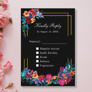 Mexican Fiesta Floral Wedding Black RSVP Card