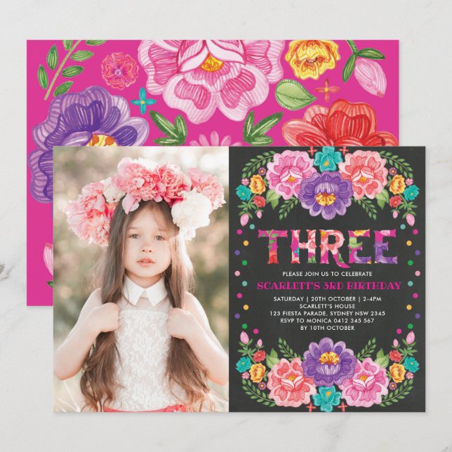 Mexican Fiesta Flowers 3rd Girls Birthday Photo Invitation (Front/Back)