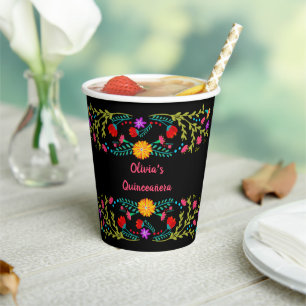 Mexican Fiesta Flowers Black Paper Cups
