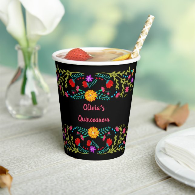 Mexican Fiesta Flowers Black Paper Cups (Insitu)